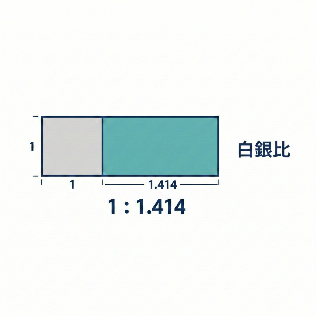 白銀比(1:1.414)と正方形の比率を表す幾何学的図解