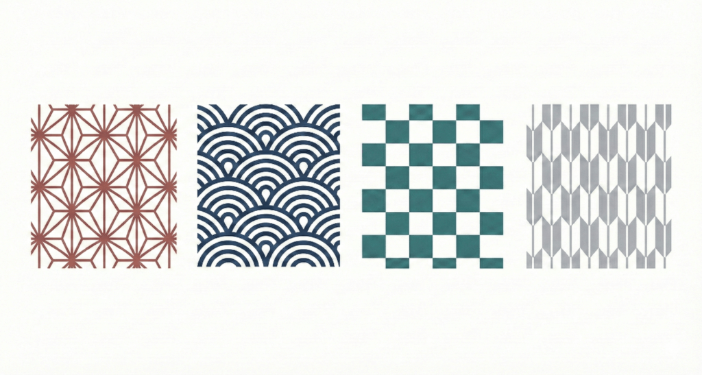 麻の葉、青海波、市松、矢絣の4つの和柄アイコンとその意味