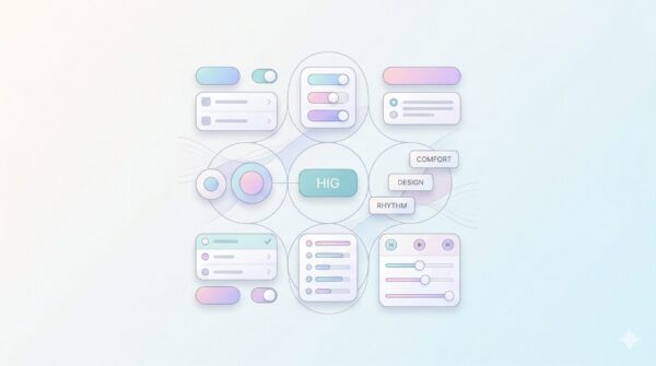 AppleのHIG（Human Interface Guidelines）に基づき、「心地よいリズム」をテーマにしたクリーンなフラットUIデザインのWordPressアイキャッチ画像。中央に「HIG」「COMFORT」「DESIGN」「RHYTHM」のテキストと、パステルカラーの丸みを帯びたUI要素がリズミカルに配置されている。左右に余白。