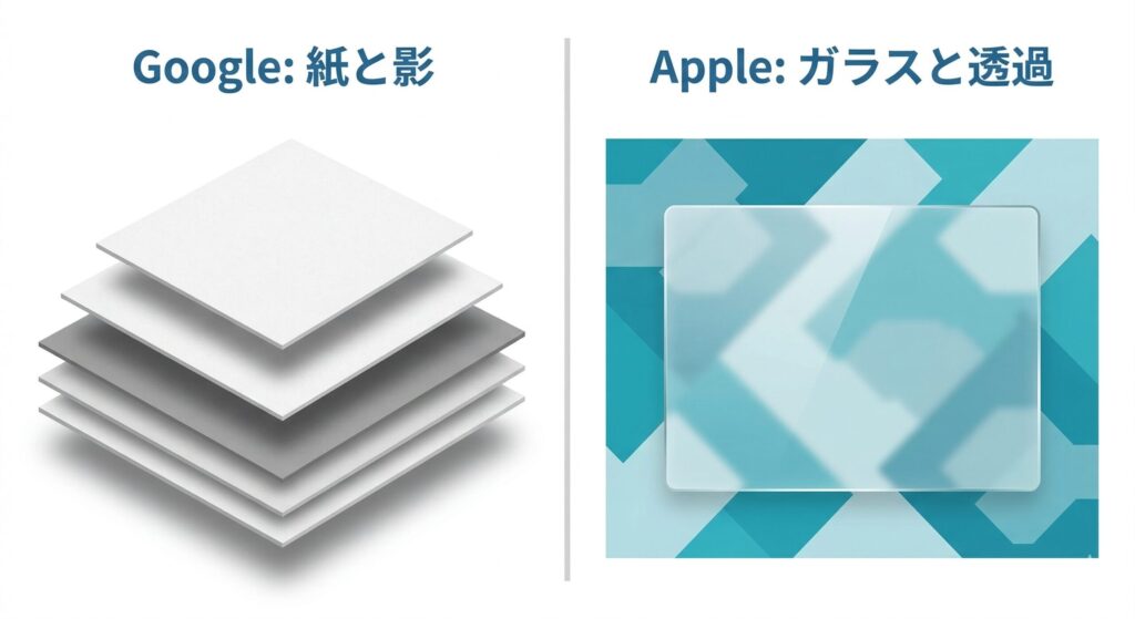 影で階層を表すGoogleの「紙」のデザインと、透過で重なりを表すAppleの「ガラス」のデザインの思想比較図
