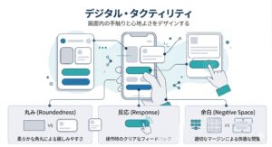 デジタル・タクティリティの概念を表した、スマートフォンとUIコンポーネントの2Dフラット図解