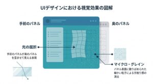 光の屈折による奥行きと、マイクロ・グレイン(微細な粒子)による手触り感を表現したUI図解