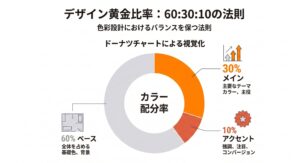 配色の黄金比率である60:30:10の法則を説明するグラフ図解