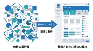 グリッドやガイドライン（適度な制約）によって、UIの要素が美しく整列している様子を表現したアイキャッチ画像