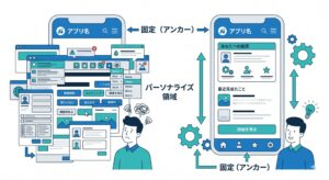 固定すべきナビゲーション（アンカー）と、状況に適応させるコンテンツ領域（パーソナライズ領域）を分けるUI設計の図解