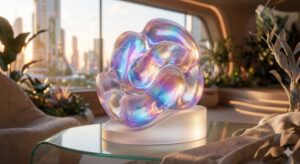 Y3Kデザインの特徴である、半透明で有機的なフォルムとホログラフィック・グラデーションのイメージ