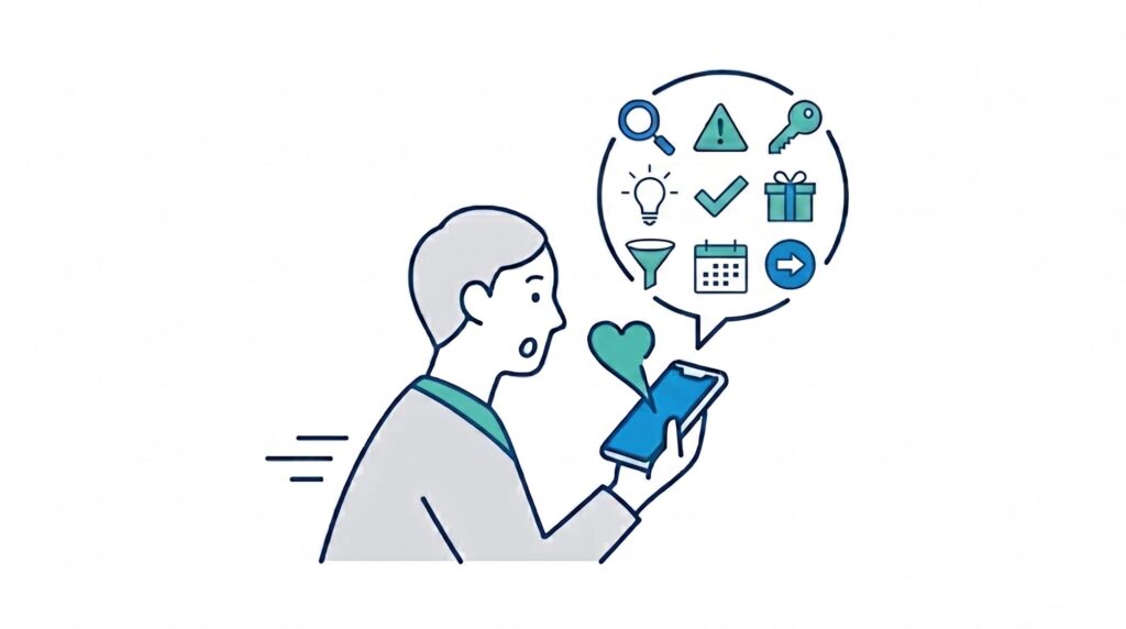 A clean, minimalist illustration of a man operating a smartphone with a surprised expression. A large thought bubble extending from his smartphone contains various icons for information search, ideas, schedules, gifts, task management, such as a magnifying glass, a light bulb, a calendar, a gift box, a funnel, and a heart.