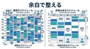 忙しいスケジュール帳の中に「あえて何もしない時間(バッファ)」という余白を作り、心と時間に余裕を持たせる様子を示す図解