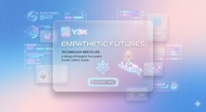 ホログラフィック・グラデーションとノイズテクスチャ、グラスモーフィズムを取り入れたY3KスタイルのUIモックアップ