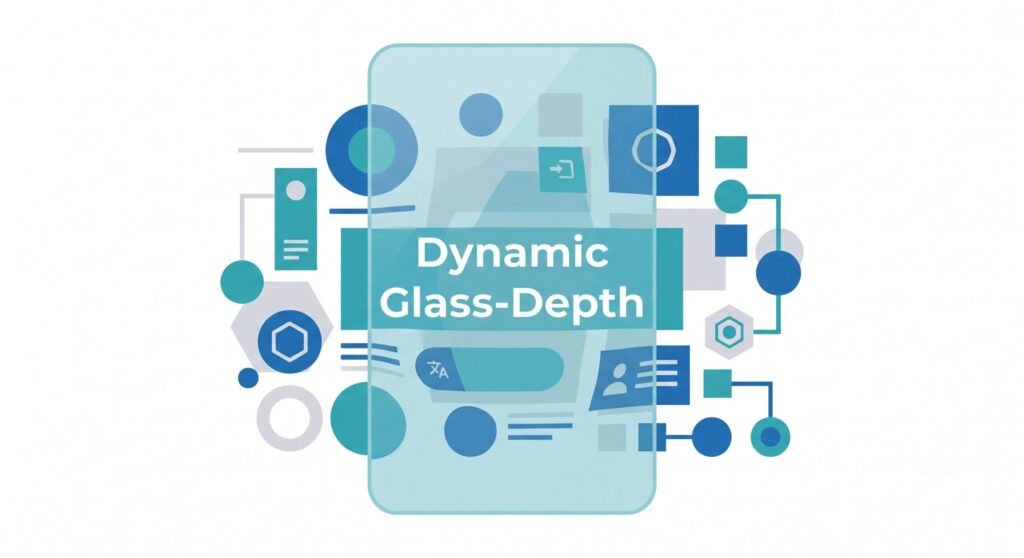 サムネイル：Dynamic Glass-Depthを象徴する、半透明のガラスレイヤーと光の屈折を表現した抽象的なUIイラスト