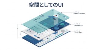 Dynamic Glass-Depthの概念図。UIレイヤーと背景のコンテンツの間に生まれる空間と屈折を表現したイラスト