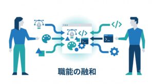 デザイナーとエンジニアの職種の壁が溶け合い、役割が融和していくイメージ図解