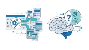 【AI vs 人間の意思決定】AIによる高速ビジュアル生成と、人間による戦略的な意思決定の対比図