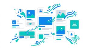 整然としたグリッドではなく、意図的に散らばったカードレイアウトと空間を漂う動的な形状を示したアンチグリッドの図解