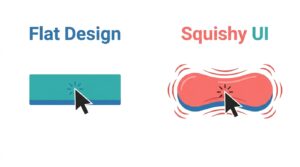 図解：従来のフラットデザインとSquishy UI（触覚的マキシマリズム）の比較