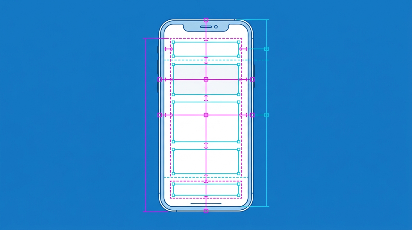デザイナー自身がFigma Dev Modeを使ってスマートフォンのUIレイアウトや余白(Padding)をインスペクト(検証)するイメージ