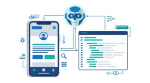 【UIのPRレビュー自動化を示す図解】スマホのUIモックアップとコード画面をAIロボットが確認しているインフォグラフィック