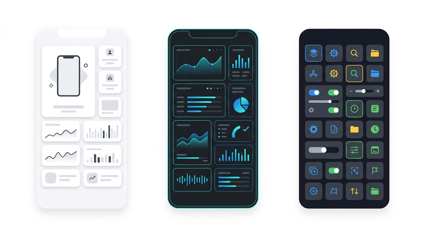 Apple風・Linear風・Raycast風の異なる3つのBento UIレイアウトモックアップ比較図解