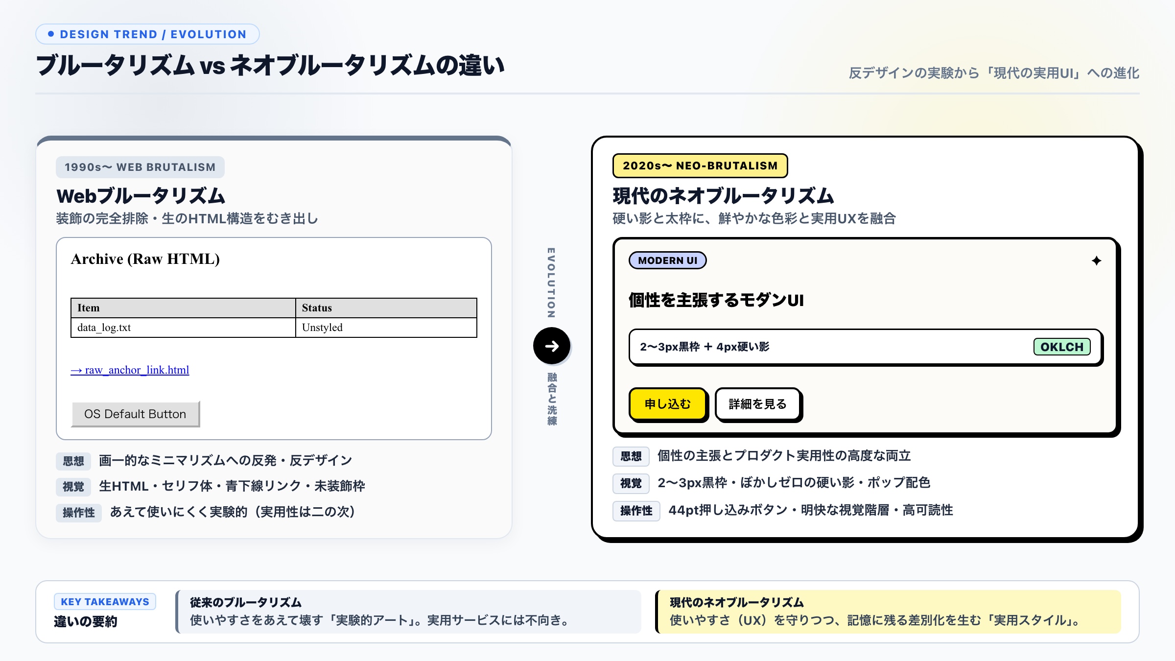 【ブルータリズム vs ネオブルータリズムの違い】反デザインの生HTMLから現代の実用UIへの進化